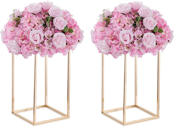 Gold Metal Cube Vase Stand for Wedding Centerpieces, 15.75in Tall, 2 Pcs | Columnar Cube Shape, Easy to Assembly, Flowers Cakes Drinks Display Table Centerpieces for Wedding Party Event