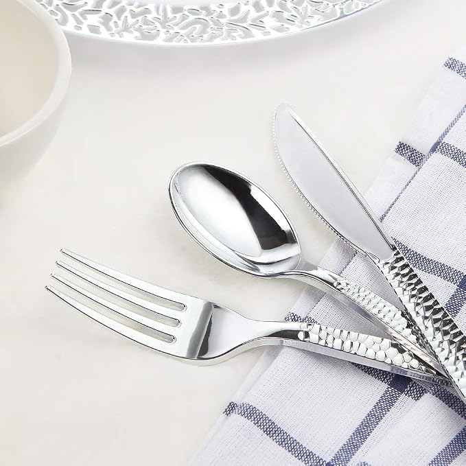 Supernal 360pc Silver Plastic Silverware Set, Heavy Duty Disposable Cutlery | Elegant Hammered Flatware Utensils (120 Forks, 120 Knives, 120 Spoons) Bulk Pack for Weddings, Parties, and Catered Events