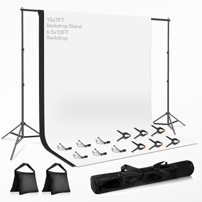 7 x 10 FT Photo Video Studio Backdrop Stand Kit, Photography Background Support System with 6.5 x 10FT Black, White Backdrop, Clamps, Sandbags and Carry Bag for Photoshoot, Portrait