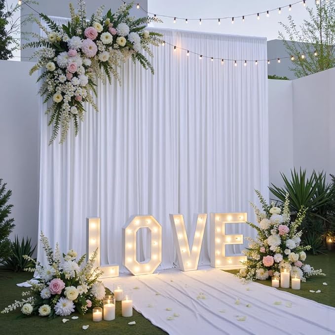 50x16ft White Backdrop Curtains for Wedding Party, 10 Panels 16 ft Long Back Drop Cloth, Wrinkle-Free Polyester Drapes for Birthday, Baby Shower, Stage Photography Background