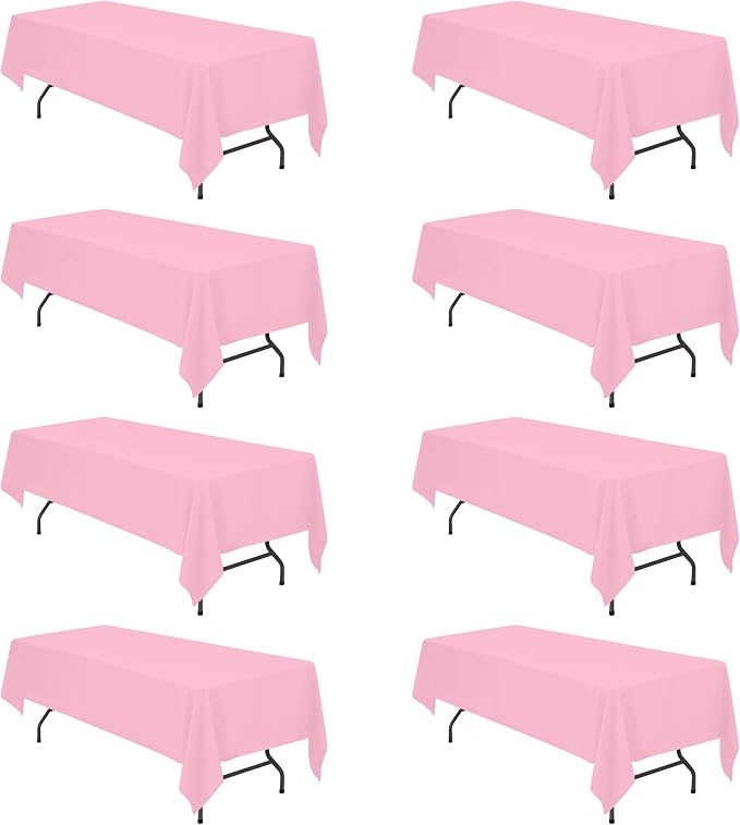 BRILLMAX 8 Pack Pink Tablecloths 60 x 126 Inch for 8ft Rectangle Tables - 150 GSM Polyester Fabric, 15" Standard Drop, Water, Stain & Wrinkle Resistant Cloth Cover for Wedding Banquet Dining Buffet