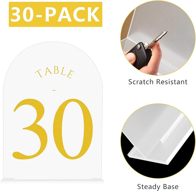 JOYIT Frosted Arch Wedding Table Numbers 1-30 with Stands – 5" X 7" Acrylic Gold Table Number Holders, Perfect for Wedding Receptions, Parties, Anniversaries, and Events