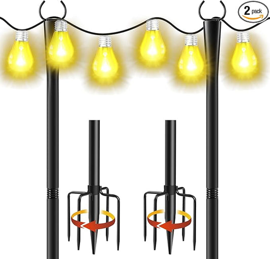 2 Pack 10Ft String Light Poles, Metal Poles with Fork for Outside Lights,Outdoor Metal Light Stand with Fence Brackets Hanging Lights for Garden Patio Wedding Backyard Deck Party