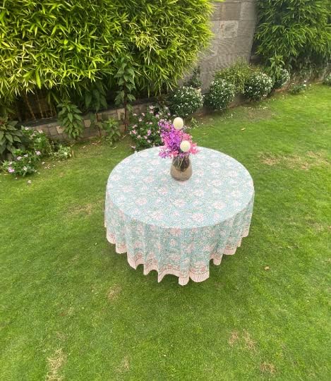 Ridhi Round Tablecloth Hand Block Print 100% Cotton Reusable Turquoise Blue 110 Inch Table Cover Decorative Everyday Use for Dining, Home, Party, Wedding, Farmhouse Gift for Spring, Mother's Day