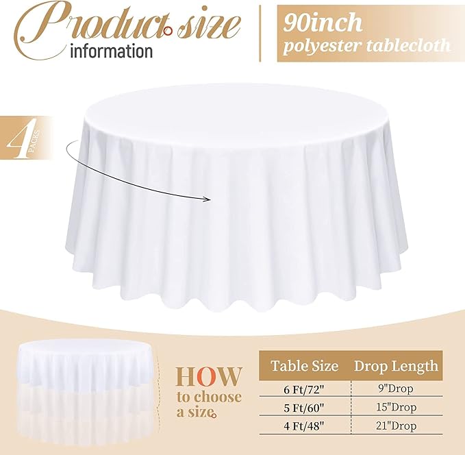 Pesonlook 4 Pack White Round Tablecloth 90 Inch, Polyester Table Cloth for Round Tables, Washable Table Cloth Stain and Wrinkle Resistant Decorative Table Cover for Wedding Party Dining Banquet