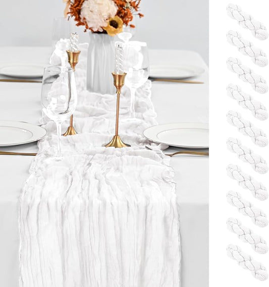10 Pack White Table Runner 10Ft Cheesecloth Table Runner Boho Gauze Table Runners Romantic Long Sheer Fabric Cheese Cloth Table Runners for Wedding Party Bridal Shower(White)