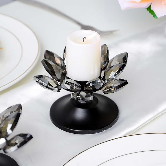 2 PCS Black Crystal Flower Tea Light Holder, Glass Tealight Candlestick with Metal Base, Votive Candle for Table Centerpiece, Wedding/Parties Decor, Nice Gift