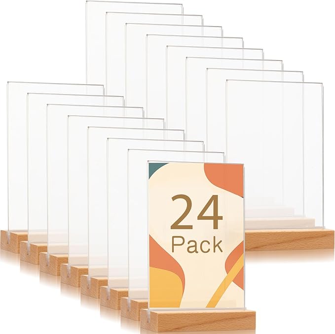 Vinsot 24 Pack 5 x 7 Inch Clear Acrylic Sign with Wood Base T Shape Sign Holder Vertical Blank Stands Desktop Display Plastic Menu Frame Double Sided Stand for Wedding Restaurant Party Decor
