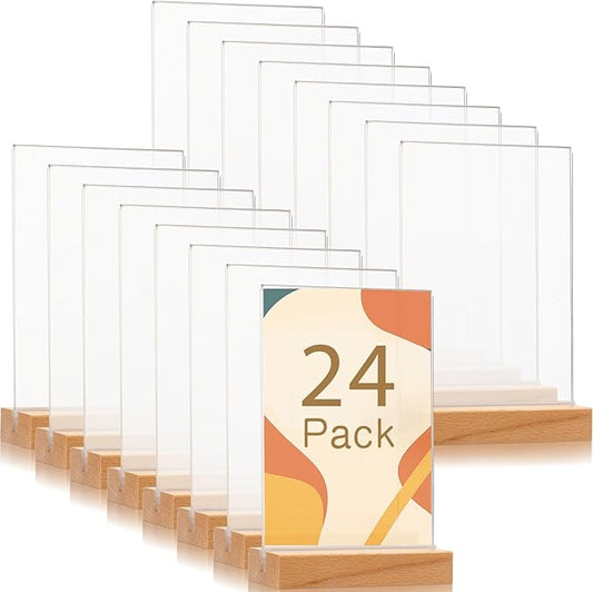 Vinsot 24 Pack 5 x 7 Inch Clear Acrylic Sign with Wood Base T Shape Sign Holder Vertical Blank Stands Desktop Display Plastic Menu Frame Double Sided Stand for Wedding Restaurant Party Decor