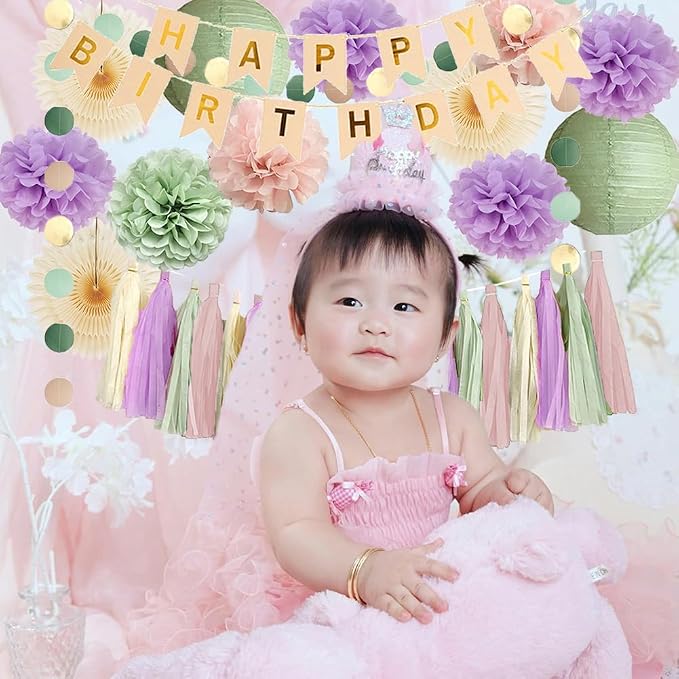Pink Sage Green and Purple Birthday Decorations for Women Purple and Green Birthday Decorations Boho Lilac Sage Blush Pink Pastel Party for Girls Cream Dusty Rose Tassel Garland with Banner Beige Gold