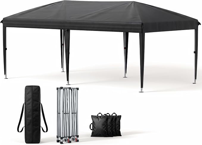 10x20 Pop Up Canopy Without Sidewalls, Instant Tent with Carry Bag, Sandbags, Height Adjustable Waterproof Outdoor Canopy, Outdoor Canopy for Events, Camping, Parties (Black)