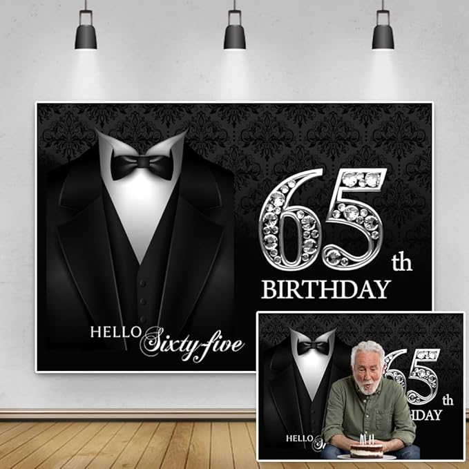 7x5ft Happy 65th Birthday Backdrop Gentleman Black Tuxedo Suit Necktie Hello Sixty Five Photography Background for Men Father Grandpa Birthday Party Decorations Cake Table Banner Vinyl