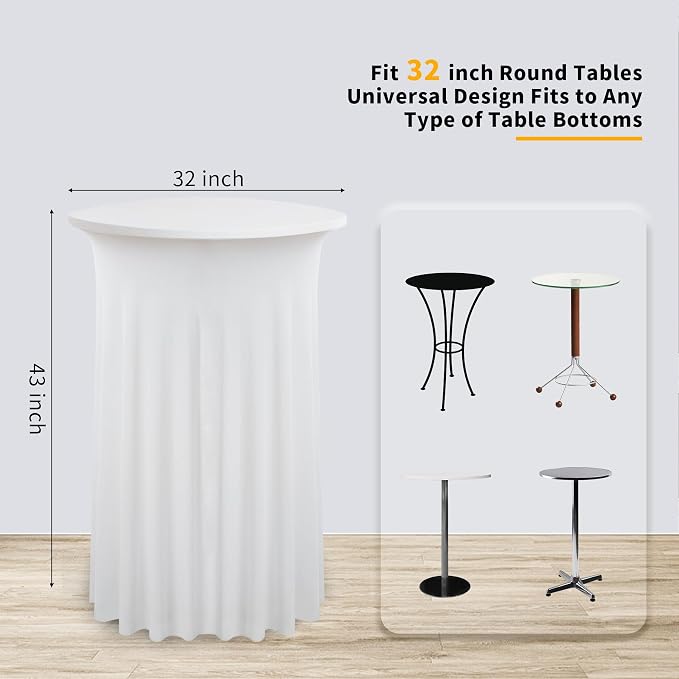 6 Pack Ivory High Top Cocktail Tablecloths Round 32inch×43inch, Wrinkle Free Stretch Spandex Cocktail Table Cloth Covers for Party Wedding Banquet Baby Shower Birthday