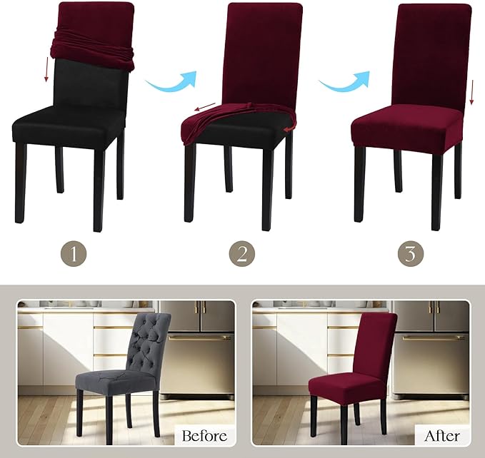 MOSAYT Velvet Stretch Chair Covers for Dining Room Set of 6 - Soft Slipcovers with Thick Removable Fabric for Parsons Chairs, Washable Seat Protectors for Kitchen, Banquet & Home Decor, Wine Red