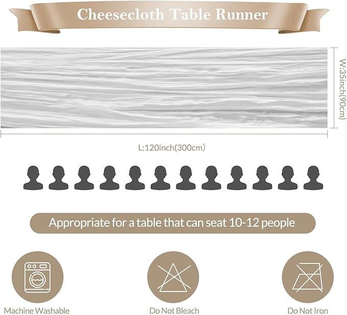 6 Pack White Cheesecloth Table Runner 35"×120" Gauze Fabric Table Runner Rustic Sheer Runner for Wedding Birthday Baby Shower Party Table Decoration White 6 Pack