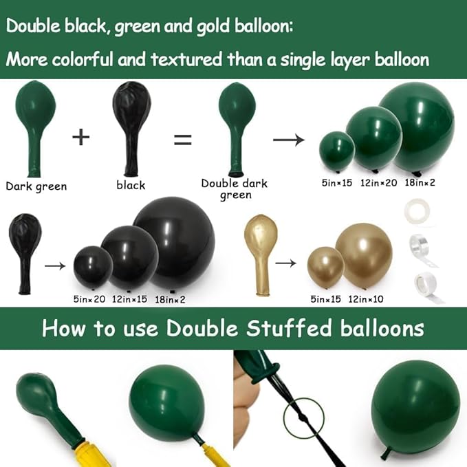 Black Green Gold Balloon Garland Double Stuffed Forest Dark Green Balloons Black Gold Balloon Arch Kit for Graduation Birthday Jungle Baby Shower Wedding Prom Camo Army Party Decorations