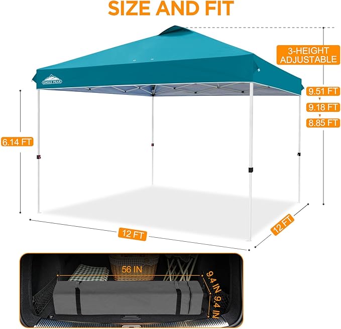 EAGLE PEAK Pop Up Canopy Tent with Wheeled Carry Bag, 8 Stakes, 4 Ropes, 4 Weight Bags, Easy Set Up Tent Canopy, 12x12 ft, 144sqft of Shade, Turquoise