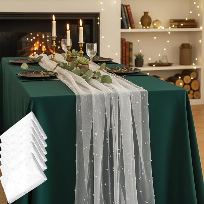 Pearl Table Runner 10FT,White Ivory Tulle Seasonal Cheesecloth Gauze Lace Fabric for Wedding Arch Birthday Bridal Baby Shower Holiday Anniversary Dining Centerpieces Sheer Table Decor 120 Inch 6 Pack