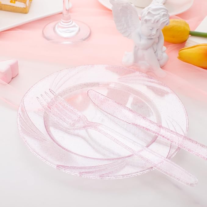 WDF 360 Pink Glitter Plastic Silverware - Disposable Glitter Cutlery - Plastic Silverware inluding 120 Forks, 120 Spoons, 120 Knives for Pink Birthday,Baby Shower