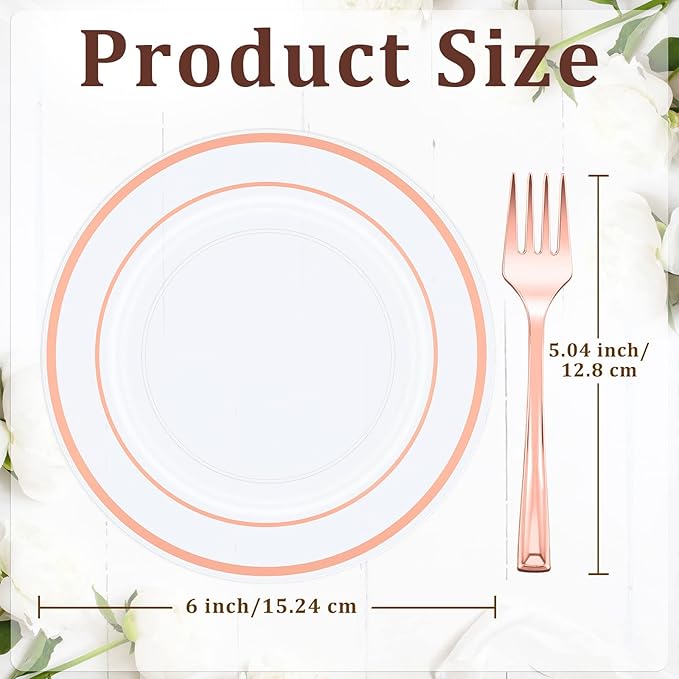 300 Pcs Rose Gold Plastic Dessert Plates Set 150 Clear Disposable Dessert Plates 6 Inch and 150 Plastic Appetizer Forks for Wedding Birthday Party Baby Bridal Shower(Rose Gold)