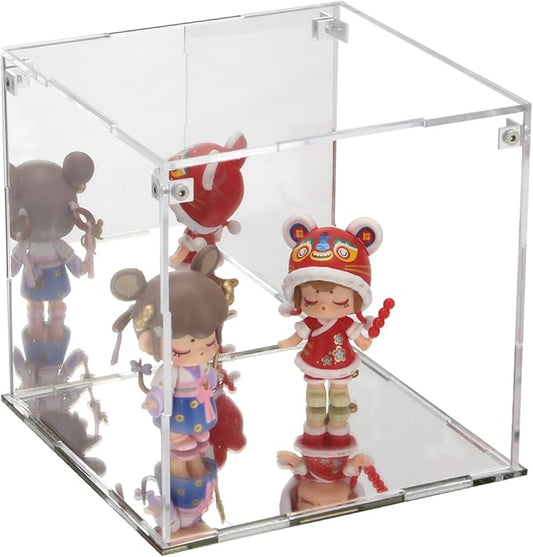 Self-Assemble Acrylic Display Case with Mirrored Back, Clear Action Figure Storage Display Box with Mirrored Base Stand, Cube Storage Containers for Home Office Collectibles, 6x6x6Inch