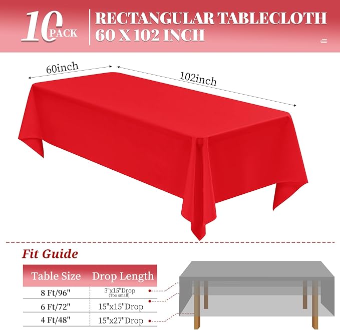 10 Pack Red Tablecloths for 6 Foot Rectangle Tables 60 x 102 Inch Red Table Cloth Rectangle Table 6ft Tablecloth Linen Polyester Fabric Washable Tablecloths for Parties Wedding Banquet