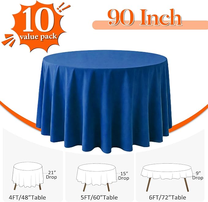 10 Pack Royal Blue Round Tablecloth 90 Inch Round Table Cloth Wrinkle Resistant Royal Blue Tablecloth Washable and Reusable Polyester Fabric Table Covers for Banquet Wedding Party Dining Buffet