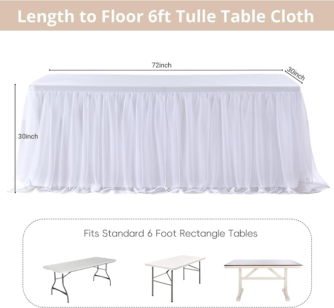 leegleri 2 pk 8ft White Tulle Tablecloth for Rectangle Tables, 2-in-1 Table Covers with Tulle Skirt,Wrinkle Free Stretchy Ruffle Tulle Table Cloths Fitted for Wedding Party Banquet Vendor