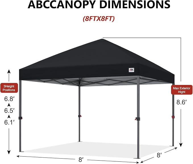 ABCCANOPY 8x8 Pop Up Canopy Tent, Easy Setup Instant Shelter with Wheeled Bag, Heavy Duty Outdoor Canopy for Beach, Market, Backyard, UV Protection, Outdoor Weather Protection (Black, 8x8)