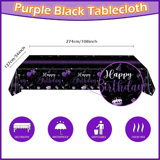 219Pcs Purple Black Birthday Decorations Party Supplies for Women Men Girls Purple and Silver Birthday Plates Napkins Cups Tableware Set with Banner Tablecloth Confetti Balloons, Serves 24