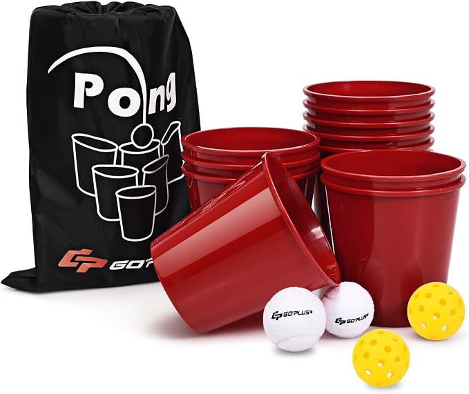 Goplus Yard Pong, Giant Outdoor Games Pong Set with 12 Buckets, 2 Balls and a Carry Bag, Toss Game for Beach, Backyard, Lawn, Party, Camping, Tailgate Game for Family and Friends