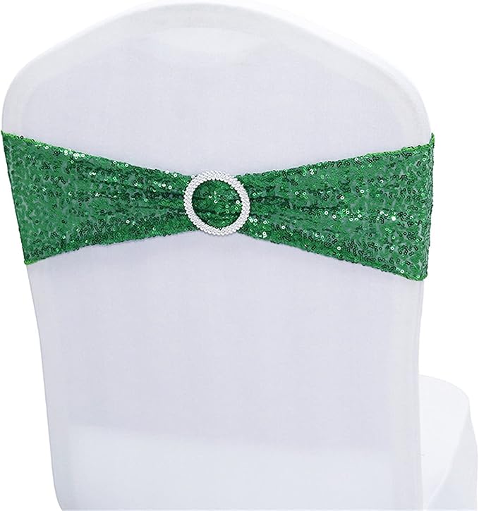 10 PCS Stretch Sequin Chair Sashes Chair Stretchy Spandex Bands for Wedding Reception Events Banquets Chairs Decoration (Green)