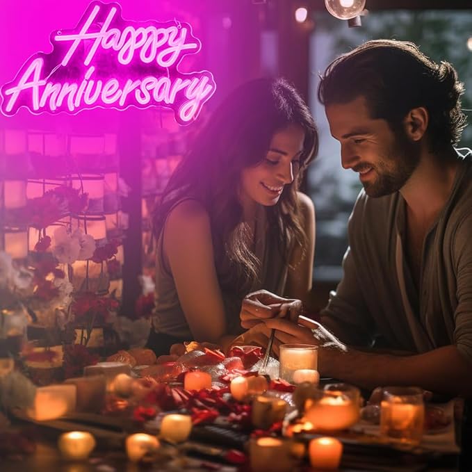 Happy Anniversary Neon Sign - Wedding Birthday Party Decoration Neon Light for Bedroom,Living,Home Bar Valentine's Day Anniversary Decor Gift (pink)