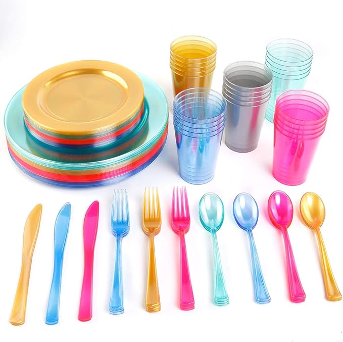 WDF 25 Guest Blue Plates with Disposable Silverware&Blue Cups-Neon Clear Plastic Dinnerware include 25 Dinner &Salad Plates,25Forks, 25 Knives, 25 Spoons,25 Cups for Graduation