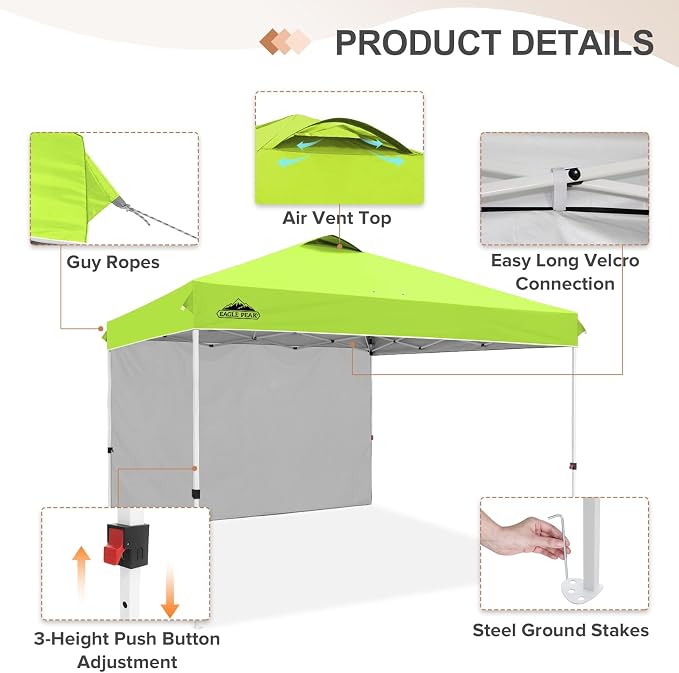 EAGLE PEAK Commercial Canopy 12x12 Pop Up Canopy Tent with 1 Sidewall, Easy Setup Heavy Duty Instant Event Shelter for Vendors & Markets, Outdoor Sun Shade, Neon Green