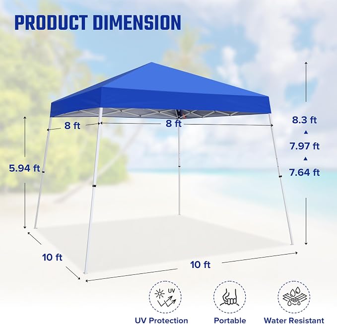 10x10 Pop Up Canopy Tent with Carry Bag, Slant Leg Instant Shade Shelter for Outdoor Events, Camping, Sports, Parties, Blue