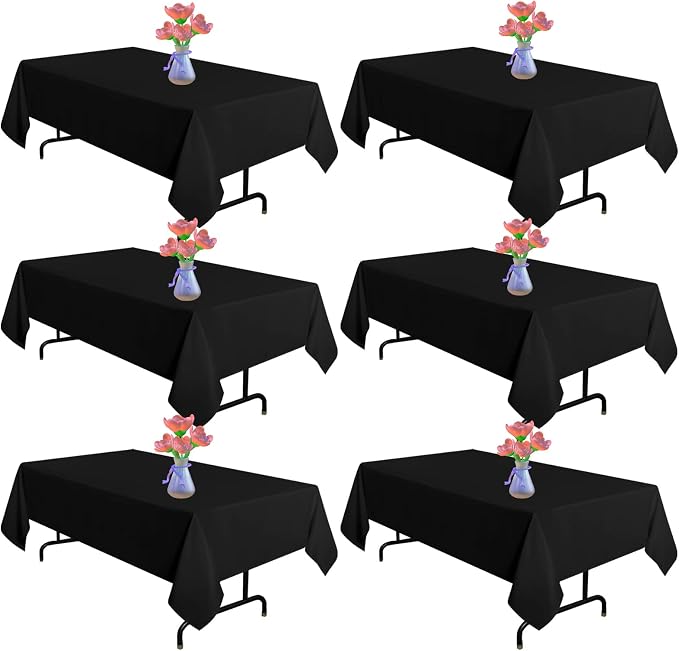 Black Table Cloths Rectangle, 6 Pack 60 x 102 Inch, Polyester Washable Fabric Tablecloth for Wedding Banquet, Restaurant, Parties