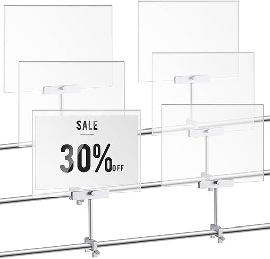 FoldTier 6 Set 8.5 x 11 Inch Aluminum Alloy Retail Sign Holder with Clamp Acrylic Frame Clothing Rack Clip on Sign Holder for Retail Stores Price Card Display(Silver)
