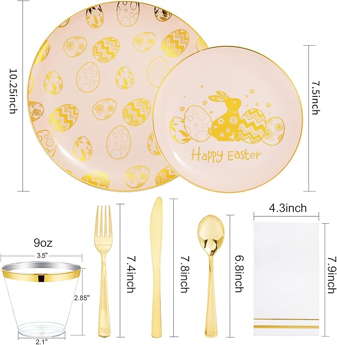 GATHER 175Pcs Easter Plastic Plates - Pink Plastic Dinnerware Set with Gold Bunny Includes 25 Dinner Plate and 25 Dessert Plate, 75 Silverware, 25 Cups, 25 Napkins for Easter Party