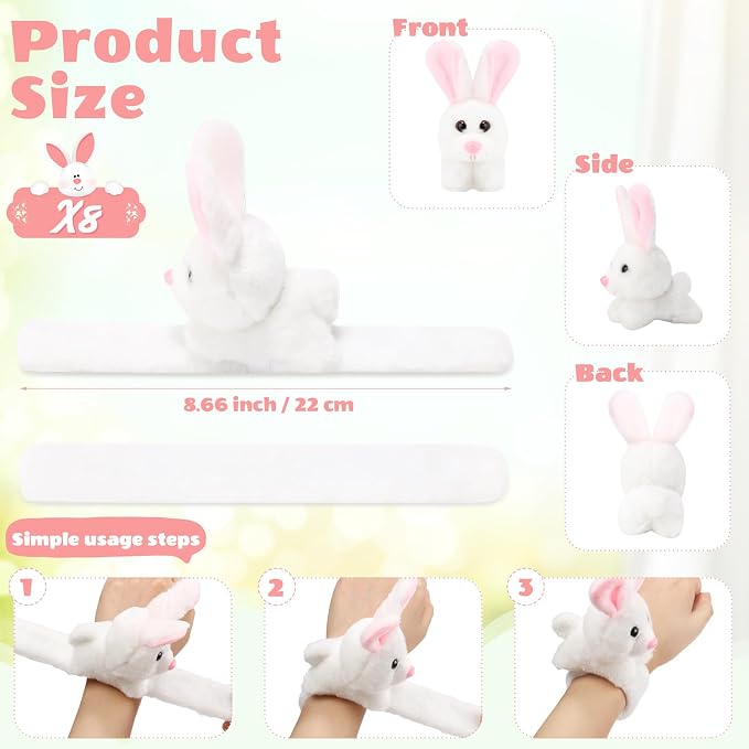 Lenwen 8 Pcs Stuffed Bunny Rabbit Animals Slap Bracelets for Kids 8.66 Inch Back to School Plush Animal Bracelets Adopt a Bunny Party Favors Wrist Slap Snap Band Toy for Boys Girls Birthday Gifts