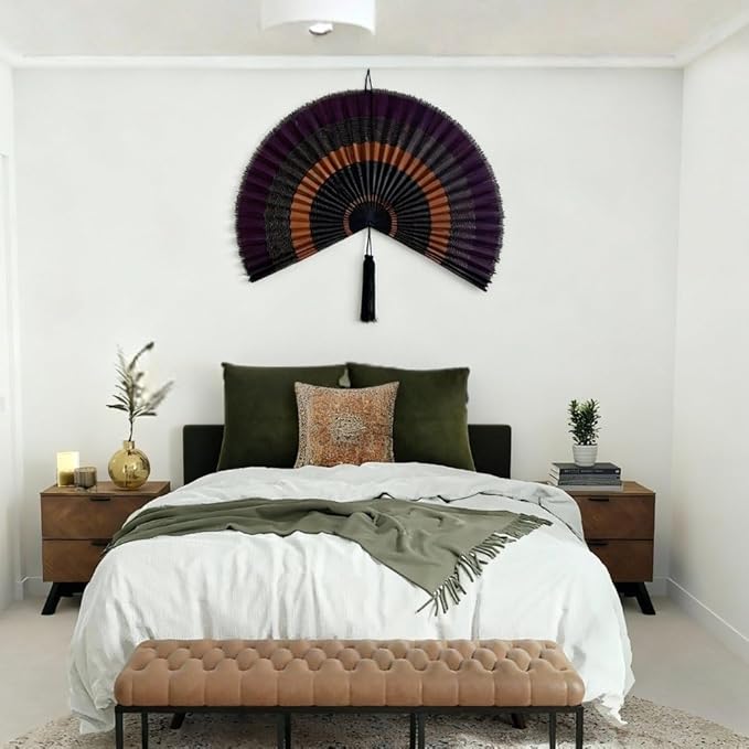 ChumDecor Fan Wall Decor, Large Bamboo Fans for Boho Hanging Headboard, Decorative Folding Fans for Over Bed, Asia Trending (Ebony 31inch)