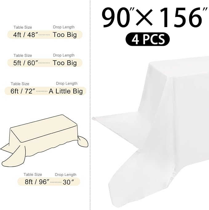 4 Pack Rectangle Tablecloth 90x156Inch White Polyester Table Cover for Wedding Dining Table Buffet Parties Banquet Decoration（White）