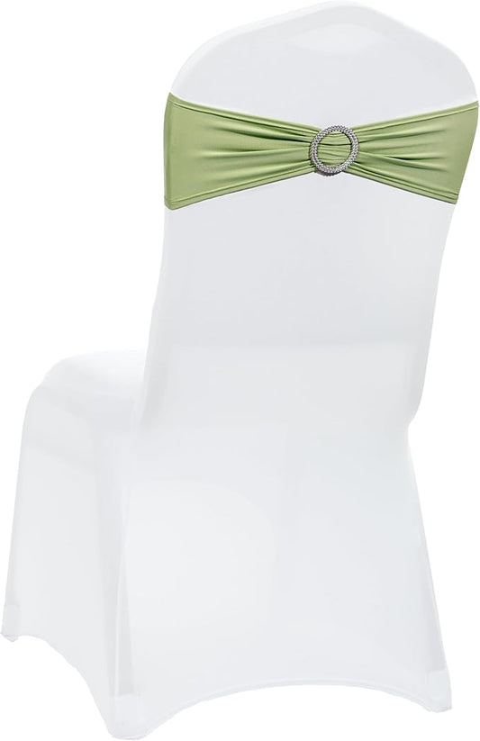 VDS - Sage Green | Spandex Chair Sashes Bows | 125 PCS | Stretch Elastic Banquet Universal Folding Chair Band Tie with Silver Buckle Slider for Wedding Party Conference Celebration Event Decoration