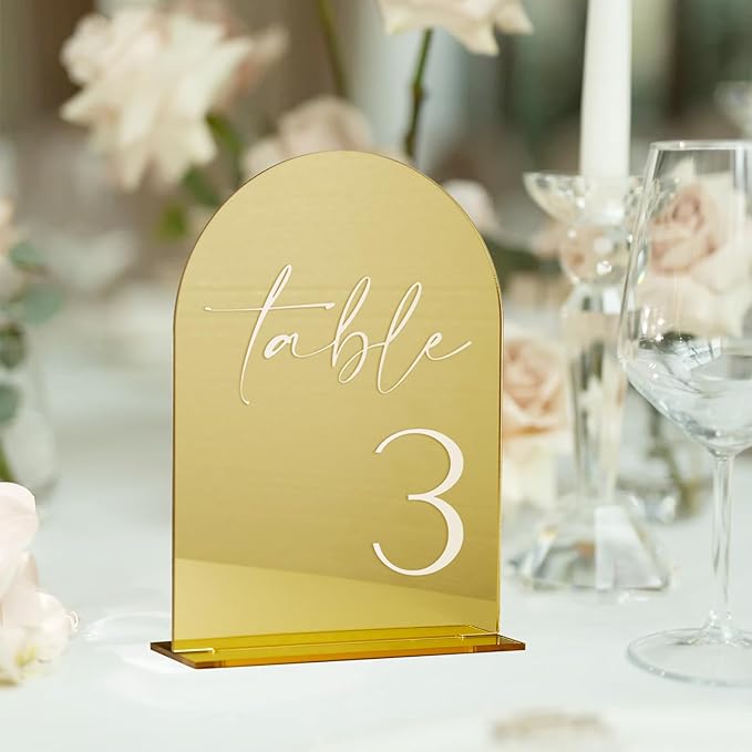 HOODO Gold Mirror Acrylic Wedding Table Numbers 1-15 with Stands, 5"x7" Arched Acrylic Sign and Holder, Gold Mirror Arch Table Numbers for Wedding Reception, Party, Anniversary, Event