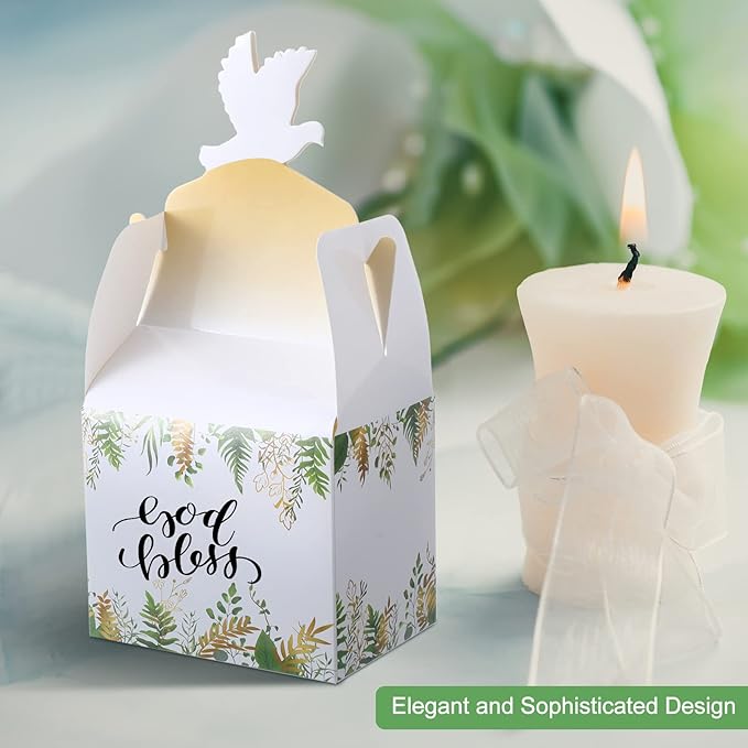 Geyee 48 Pcs Baptism Favor Boxes Baptism Party Favors First Communion Cross Goodie Gable Box Religious Party Favors God Bless Candy Boxes for Christening Baby Shower