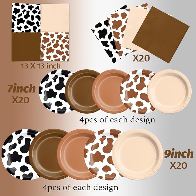 CMUSKO Cowboy Party Decoration - 60Pcs Brown Cow Print Plates & Napkins Set Farmhouse Western Party Supplies for Baby Shower,Birthday
