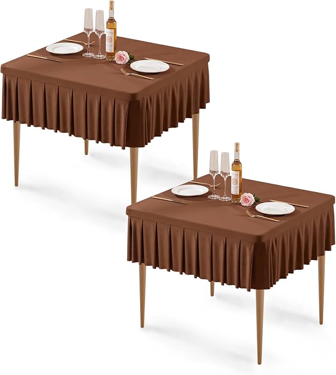 Wish Care 2 Pack Brown Spandex Tablecloths for 34x34 Inch Square Tables, Stretch Fitted Table Clothes with Pleated Ruffle Skirt for 34” Table, Wrinkle Free and Elastic, for Party Kitchen Home Dining