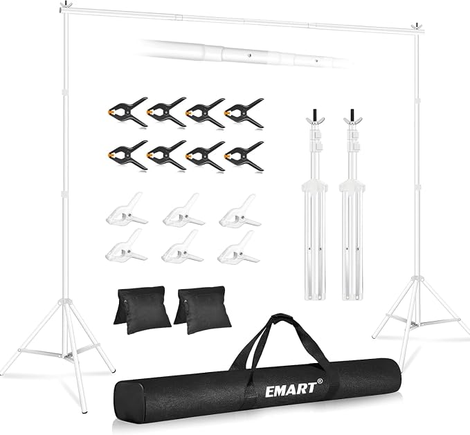 EMART Backdrop Stand 10x8.5ft(WxH) Photo Studio Adjustable Background Stand Support with 2 Crossbars, 6x6Inch Clamps, 8 Black Clamps 2 Sandbags and Carry Bag for Parties Wedding, Photography -White