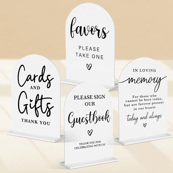 4 Pcs Acrylic Wedding Signs for Ceremony and Reception, Bridal Shower Decorations, Cards and Gifts Signs, Guest Book Sign, Arch Acrylic Table Top Sign with Holder for Wedding Reception (White)