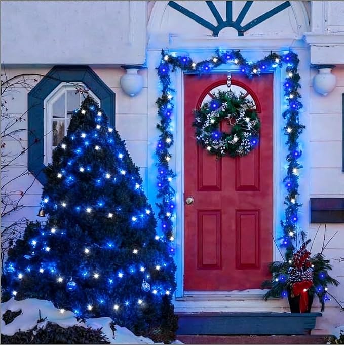 LAMPHOME 66FT 200 LED Blue White String Lights, 16 Modes Plug In Mini Fairy Lights, Waterproof Outdoor Christmas Lights for Hanukkah Xmas Tree Garland Bedroom Ocean Party July 4th Patriotic Decoration